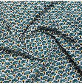 Coton imprimé Éventails doré vert forêt, motif graphique d’inspiration japonaise avec touches dorées.