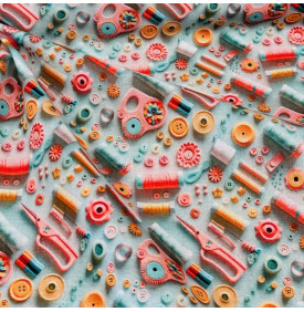 Coton digital imprimé Couture 3D turquoise, motif couture graphique et coloré avec effet relief.