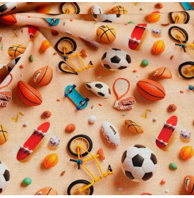 Coton digital imprimé Multisport 3D beige, motif ludique d’objets sportifs en relief.