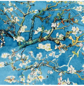 Tissu Velours Ras Imprimé / Motif Fleurs - Amandier Bleu Turquoise & Blanc