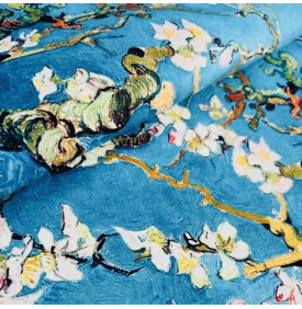 Tissu Velours Ras Imprimé / Motif Fleurs - Amandier Bleu Turquoise & Blanc
