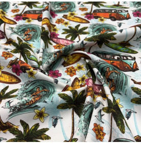 Sergé 100 % coton au motif surf ensoleillé sur fond blanc