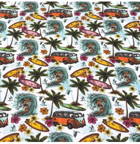 Sergé de Coton / Motif Surf & Van Rétro - Blanc Turquoise & Orange