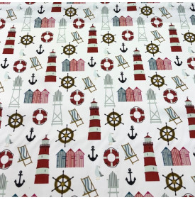 Tissu sergé de coton imprimé motif marin sur fond blanc lumineux