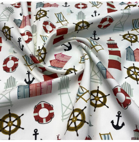 Tissu sergé de coton imprimé motif marin sur fond blanc lumineux