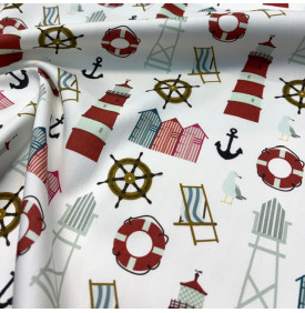 Tissu sergé de coton imprimé motif marin sur fond blanc lumineux