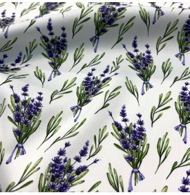 Tissu sergé de coton imprimé motif lavande sur fond blanc lumineux
