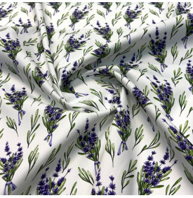 Tissu sergé de coton imprimé motif lavande sur fond blanc lumineux