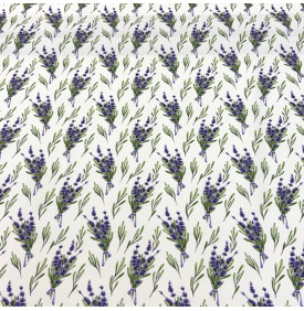Tissu sergé de coton imprimé motif lavande sur fond blanc lumineux