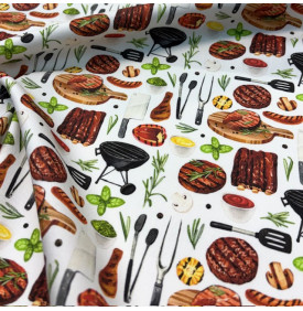 Tissu sergé de coton imprimé motif grill & barbecue sur fond blanc