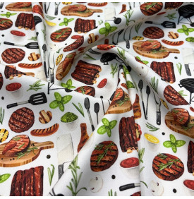 Tissu sergé de coton imprimé motif grill & barbecue sur fond blanc