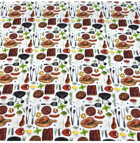 Tissu sergé de coton imprimé motif grill & barbecue sur fond blanc