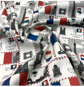 Tissu sergé de coton imprimé motif Paris sur fond blanc
