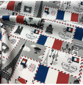 Tissu sergé de coton imprimé motif Paris sur fond blanc