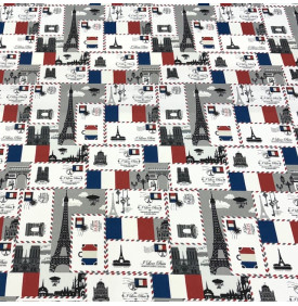 Tissu sergé de coton imprimé motif Paris sur fond blanc