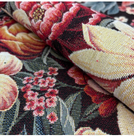Tissu jacquard floral esprit tapisserie, motif élégant sur fond sombre