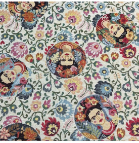 Tissu jacquard décoratif à motif artistique, portraits féminins et fleurs colorées