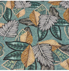 Tissu jacquard décoratif à motif feuillage graphique, nuances vert émeraude et naturel, esprit végétal chic.