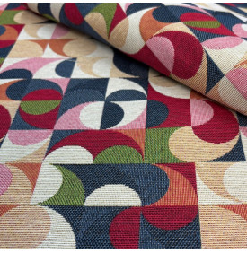 Tissu jacquard décoratif à motif géométrique rétro multicolore, graphique et élégant, idéal pour déco et accessoires couture.