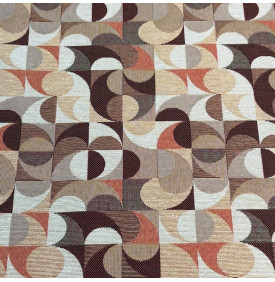 Tissu jacquard décoratif à motif géométrique rétro, palette terracotta et tons naturels, élégant et chaleureux.