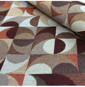 Tissu jacquard décoratif à motif géométrique rétro, palette terracotta et tons naturels, élégant et chaleureux.