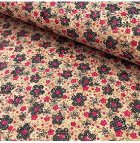 Tissu liège imprimé à motif petites fleurs noires et rouges