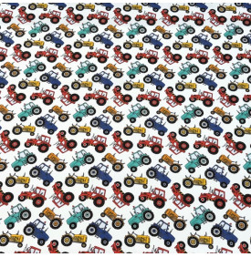 Tissu sergé de coton imprimé motif tracteurs colorés sur fond blanc