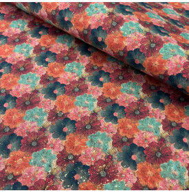 Tissu liège imprimé à motif coquelicots corail et terracotta