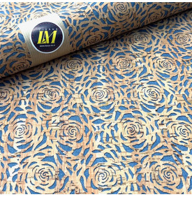 Tissu liège imprimé à motif floral bleu  monté sur support textile type jeans