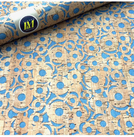 Tissu liège imprimé à motif ronds bleus au style graphique moderne sur fond liège naturel