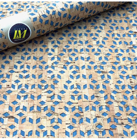Tissu liège imprimé à motif losanges bleus au style graphique moderne sur fond liège naturel