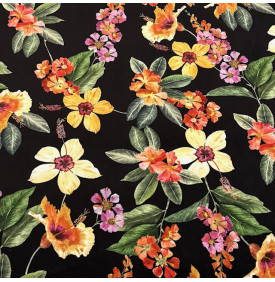 Velours Palatine d’ameublement au motif floral Jardin Tropical sur fond noir profond