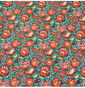 Tissu Coton Enduit Imprimé / Fleurs Indiennes - Gange Turquoise & Orange | 14.90 €/M