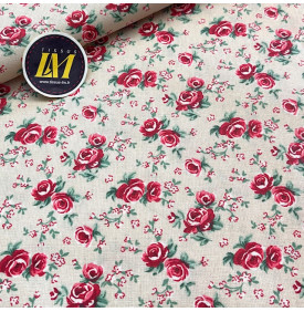 Coton enduit imprimé à fleurs rouges sur fond lin naturel, tissu imperméable léger et souple