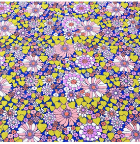 Coton imprimé fleurs et cœurs aux couleurs pop sur fond bleu