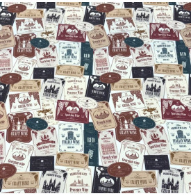 Tissu sergé de coton imprimé motif étiquettes de vin grand cru sur fond blanc