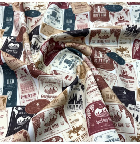 Tissu sergé de coton imprimé motif étiquettes de vin grand cru sur fond blanc