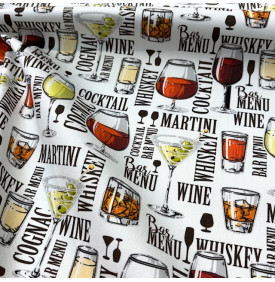Tissu sergé de coton imprimé motif cocktails et univers bar sur fond blanc