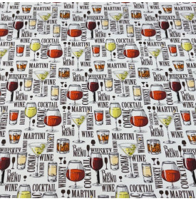 Tissu sergé de coton imprimé motif cocktails et univers bar sur fond blanc