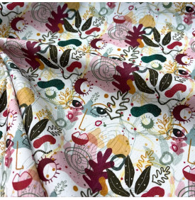 Tissu sergé de coton imprimé motif visages abstraits et formes artistiques sur fond blanc