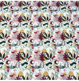 Tissu sergé de coton imprimé motif visages abstraits et formes artistiques sur fond blanc