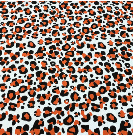 Tissu sergé de coton imprimé motif léopard orange et noir sur fond blanc