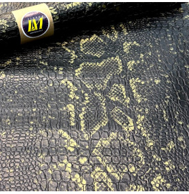 Tissu Simili Cuir / Motif Reptile - Croco Snake - Noir & Or | Coupon