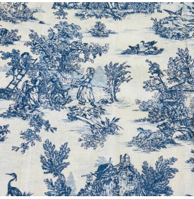 Tissus Coton Enduit / Toile de Jouy Mini Pastorale - Lin & Bleu - Coupon