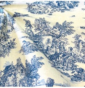 Tissus Coton Enduit / Toile de Jouy Mini Pastorale - Lin & Bleu - Coupon