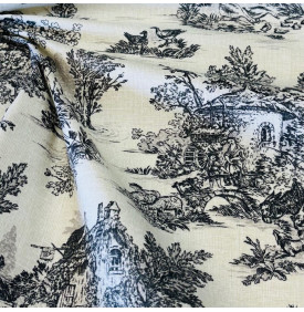Tissus Coton Enduit / Toile de Jouy Mini Pastorale - Lin & Noir - Coupon