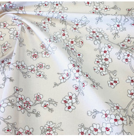 Tissu Enduit / Motif Fleurs Japonaises - Osaka Crème & Rouge | 14.90 €/M