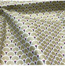 Coton imprimé Éventails Dorées Or, motif graphique dense et élégant.
