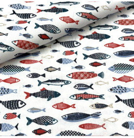 Coton enduit imprimé poissons multicolores sur fond blanc et lin