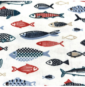 Tissu Coton Enduit / Motif Marin - Poissons Blanc & Lin